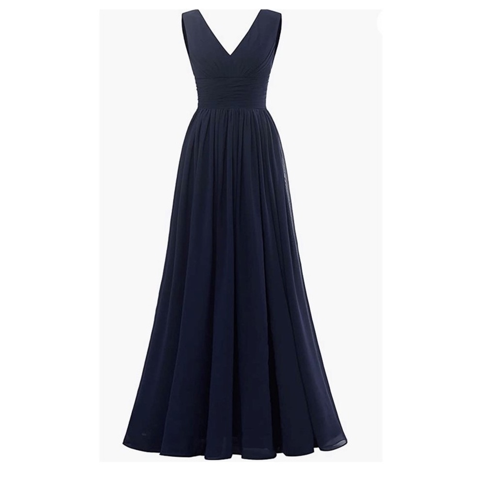 V Neck Slit Dress Long Sleeveless Chiffon Party Evening Gown Navy Blue Size 16